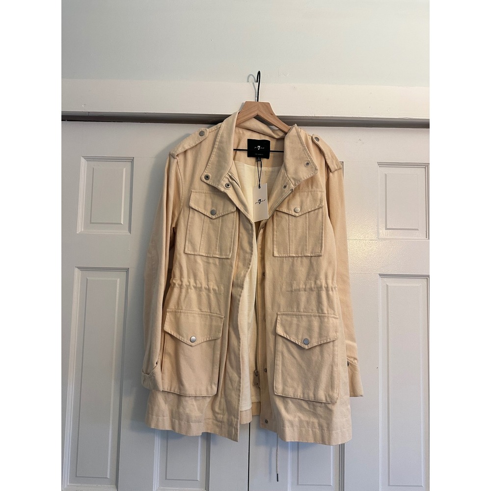 7 For All Mankind Womens Utility Field Jacket Sand Beige Cotton Canvas Small NWT